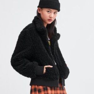 Zara black short bomber style Teddy coat size Large